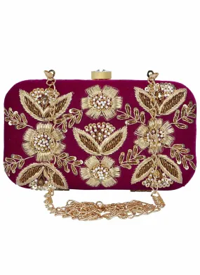 Adorn Sequin Embellished Velvet Clutch Magenta & Gold