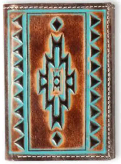 Ariat Western Mens Wallet Trifold Leather Turquoise Outline Brown