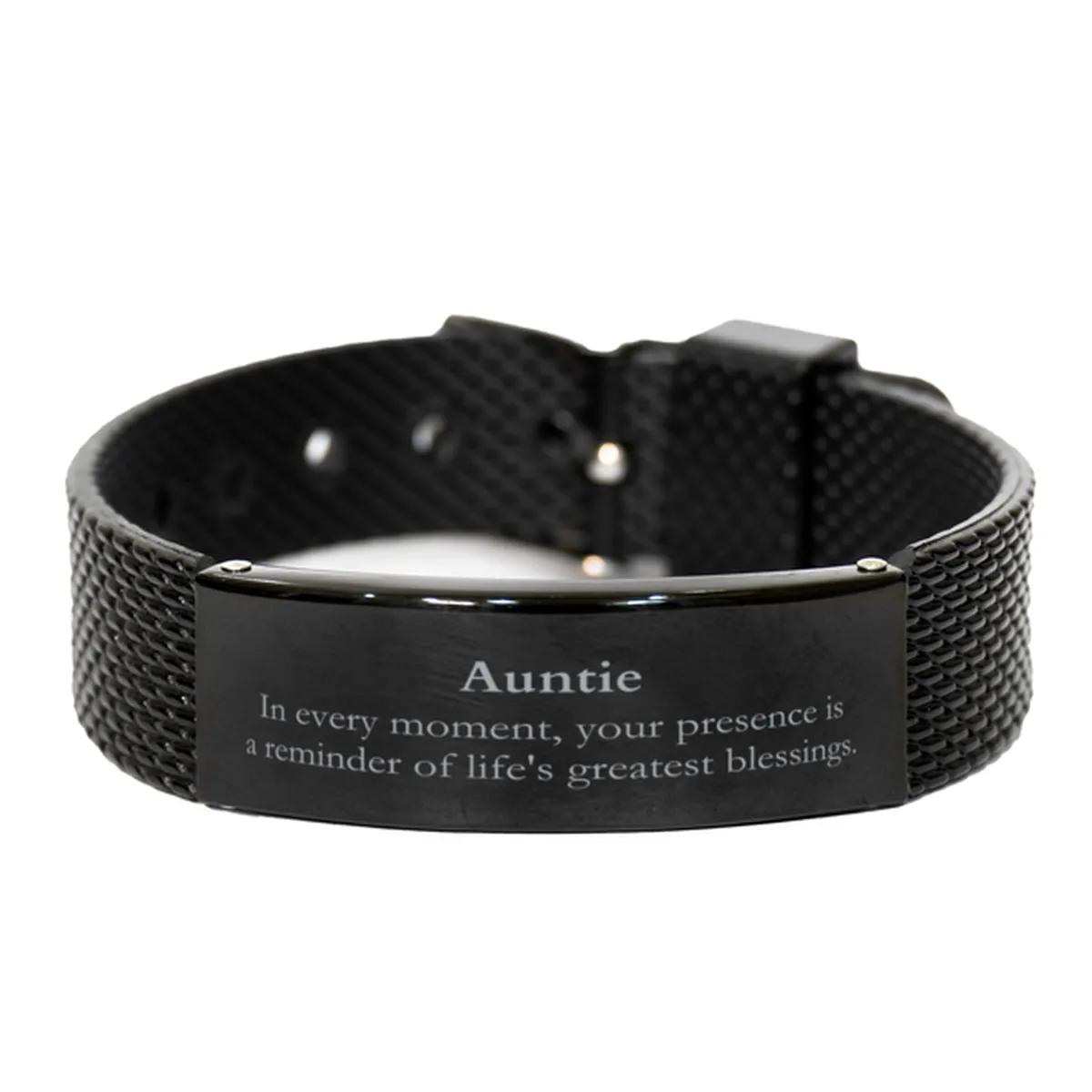 Auntie Thank You Gifts, Your presence is a reminder of life's greatest, Appreciation Blessing Birthday Black Shark Mesh Bracelet for Auntie