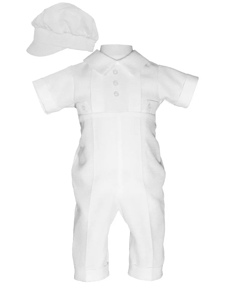 Baby Boys White Poly Cotton Waffle Pique Hat Christening Baptism Coverall 0-12M