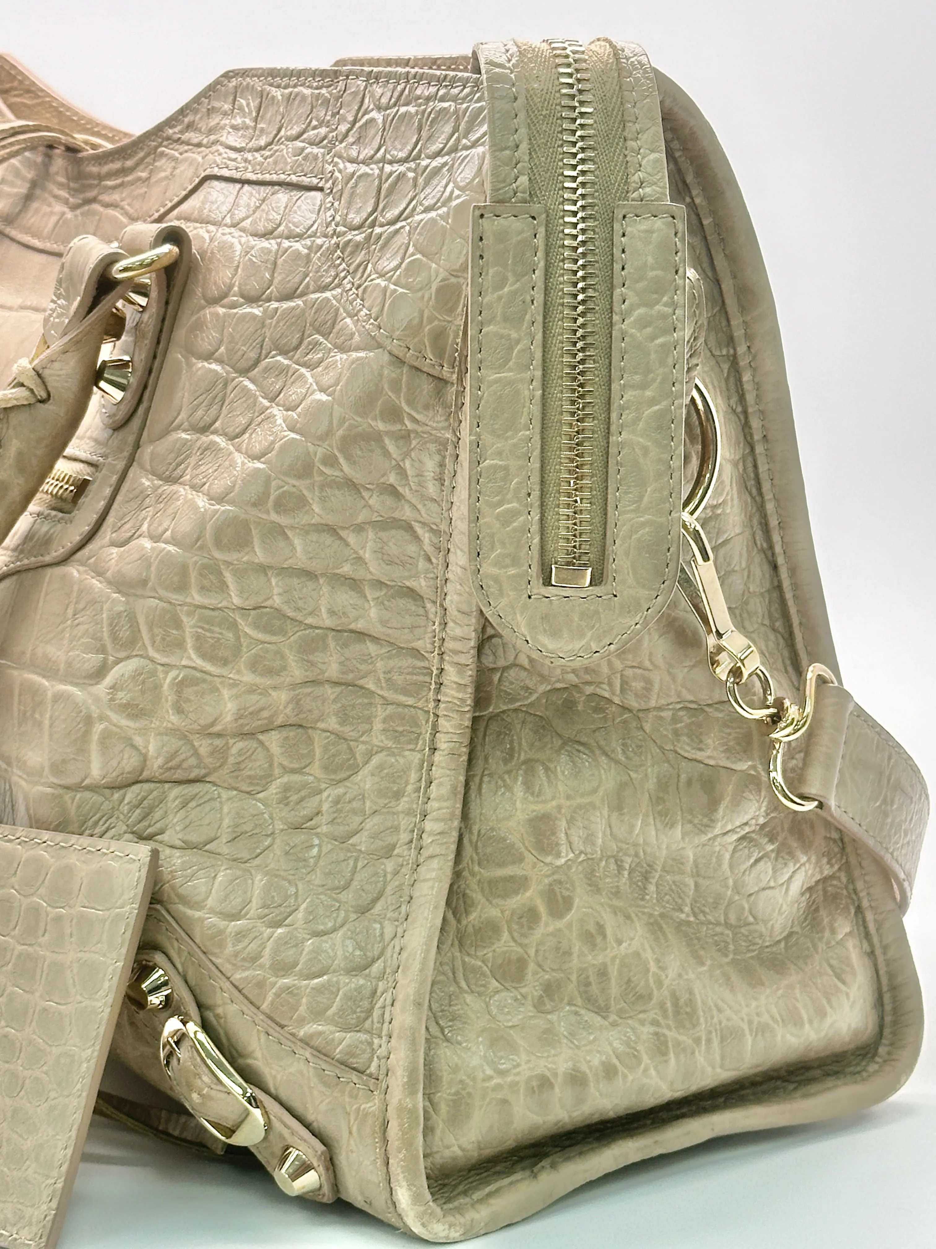 Balenciaga Beige Latte Croc Embossed Leather City Bag