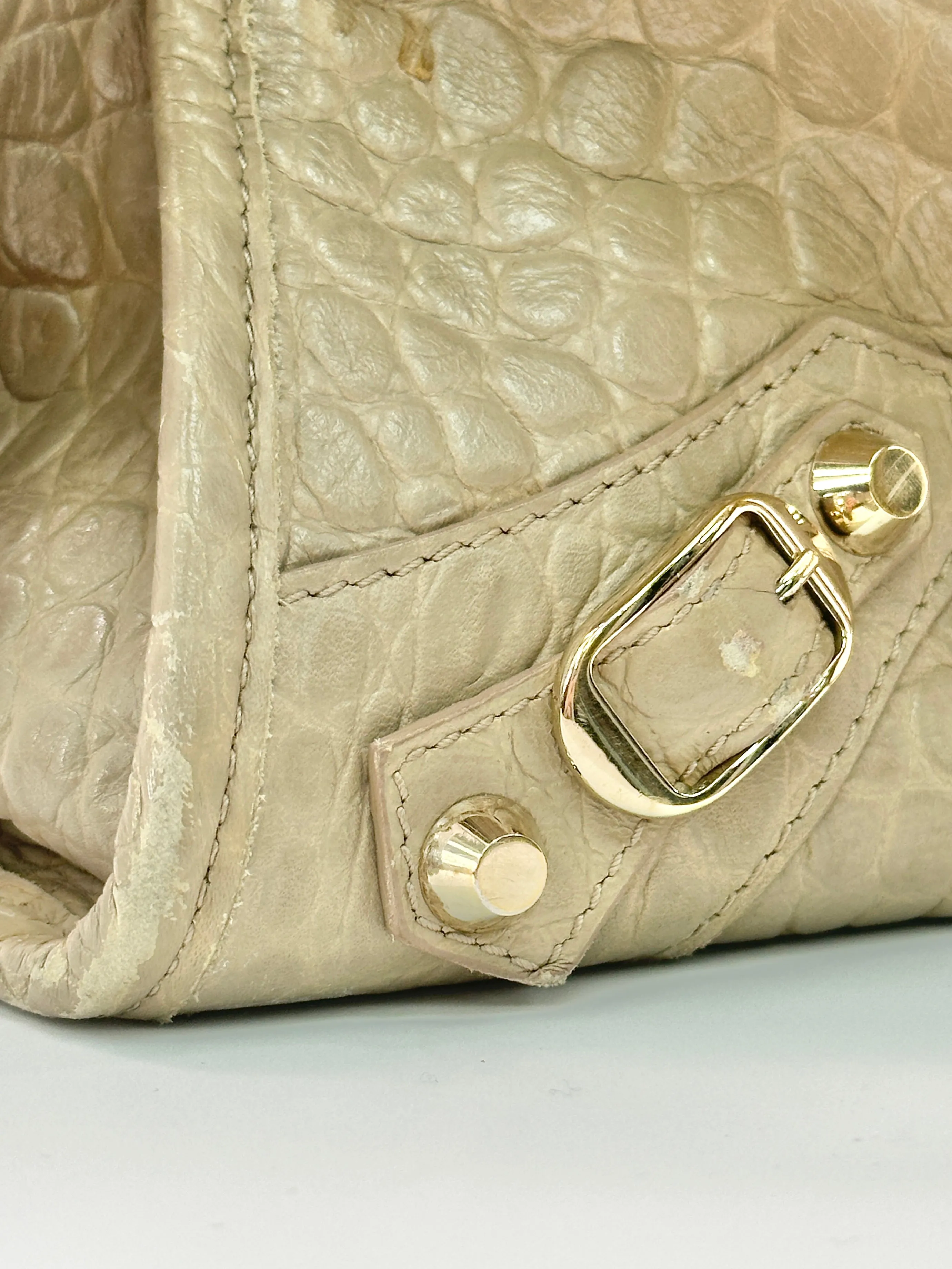 Balenciaga Beige Latte Croc Embossed Leather City Bag