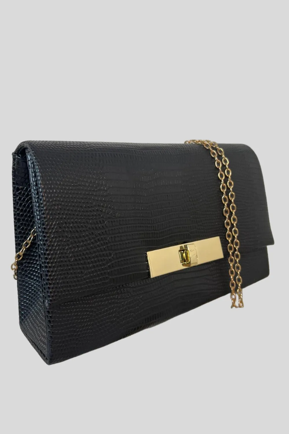 Black Faux Snake Skin Gold Twist Lock Handbag