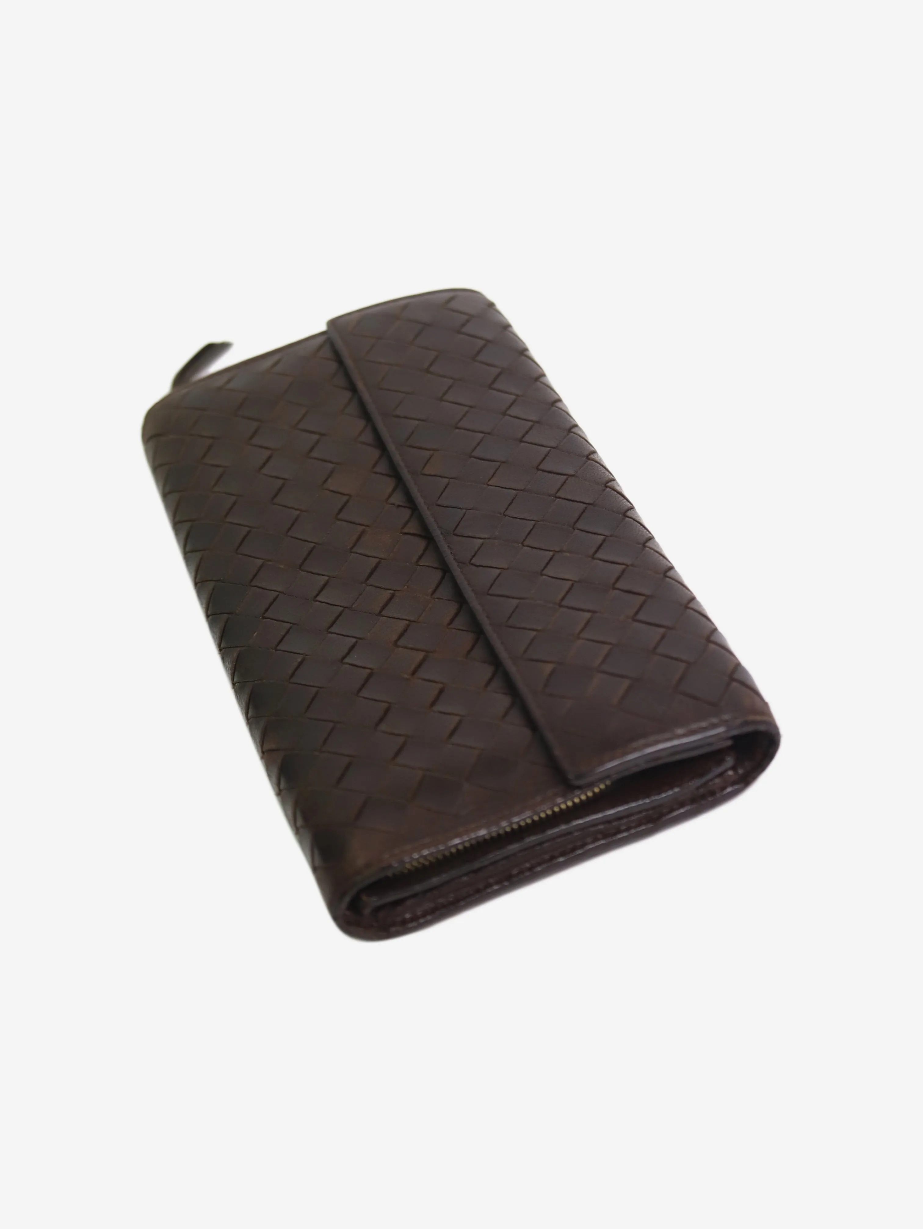 Brown intrecciato leather flap wallet