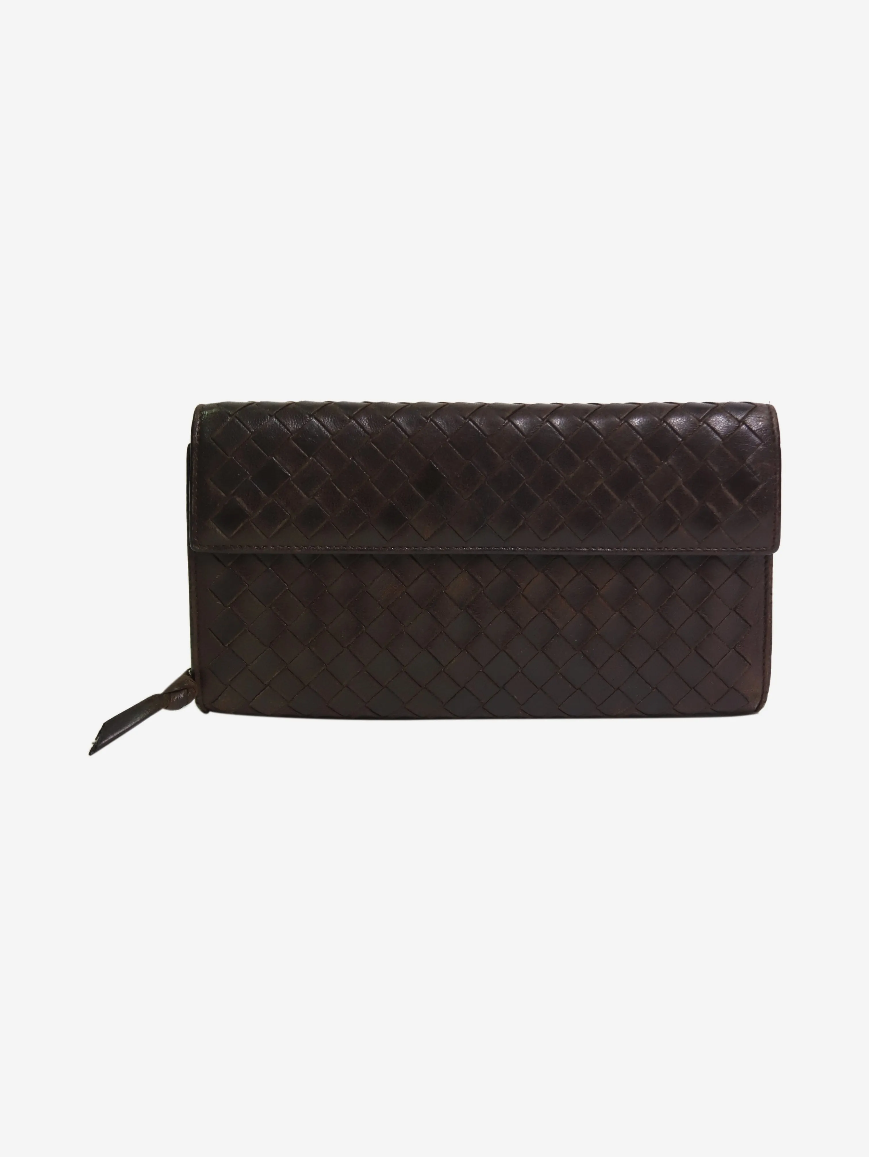 Brown intrecciato leather flap wallet