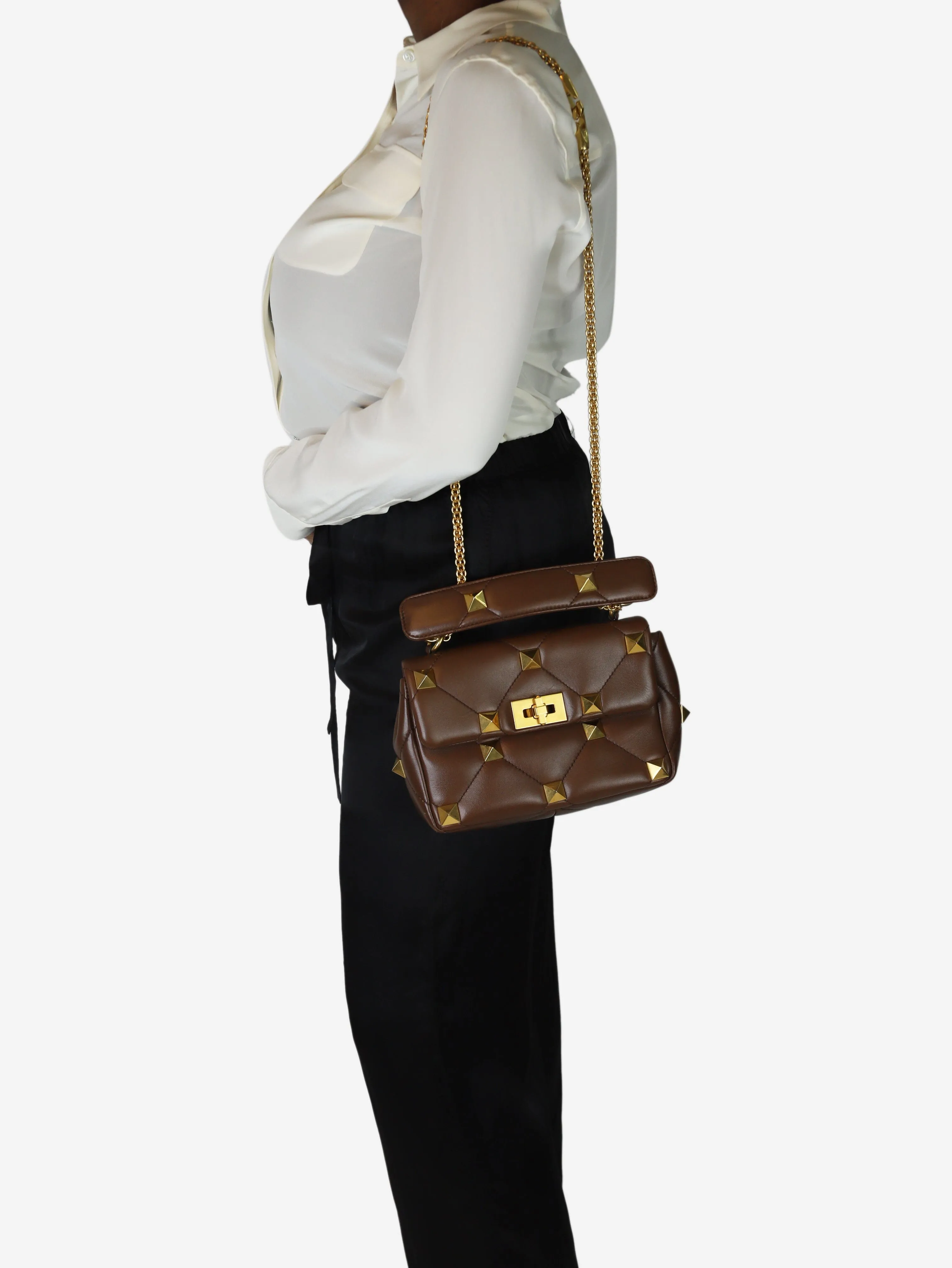 Brown Roman Stud medium leather shoulder bag