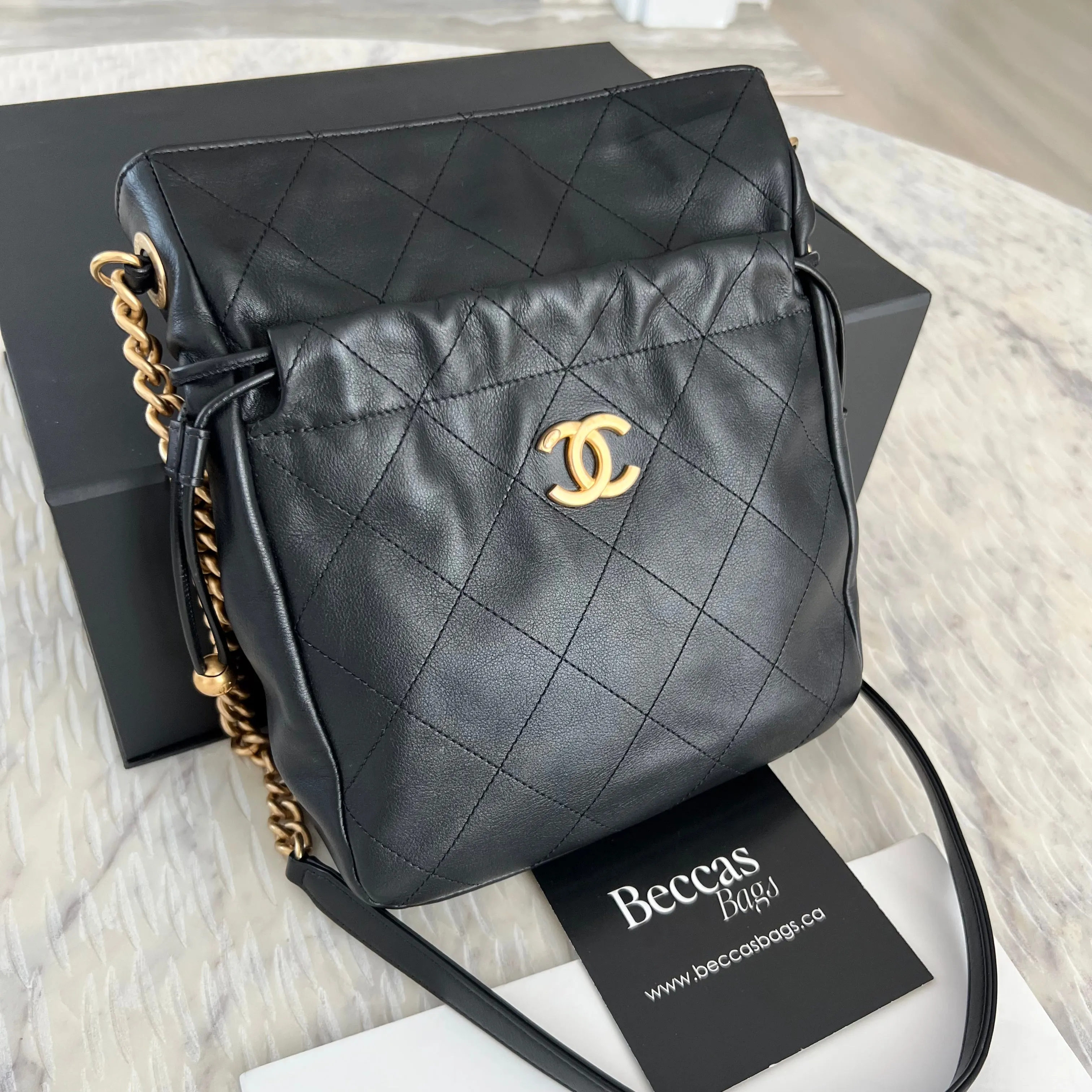 Chanel Calfskin Quilted Drawstring Bucket Bag