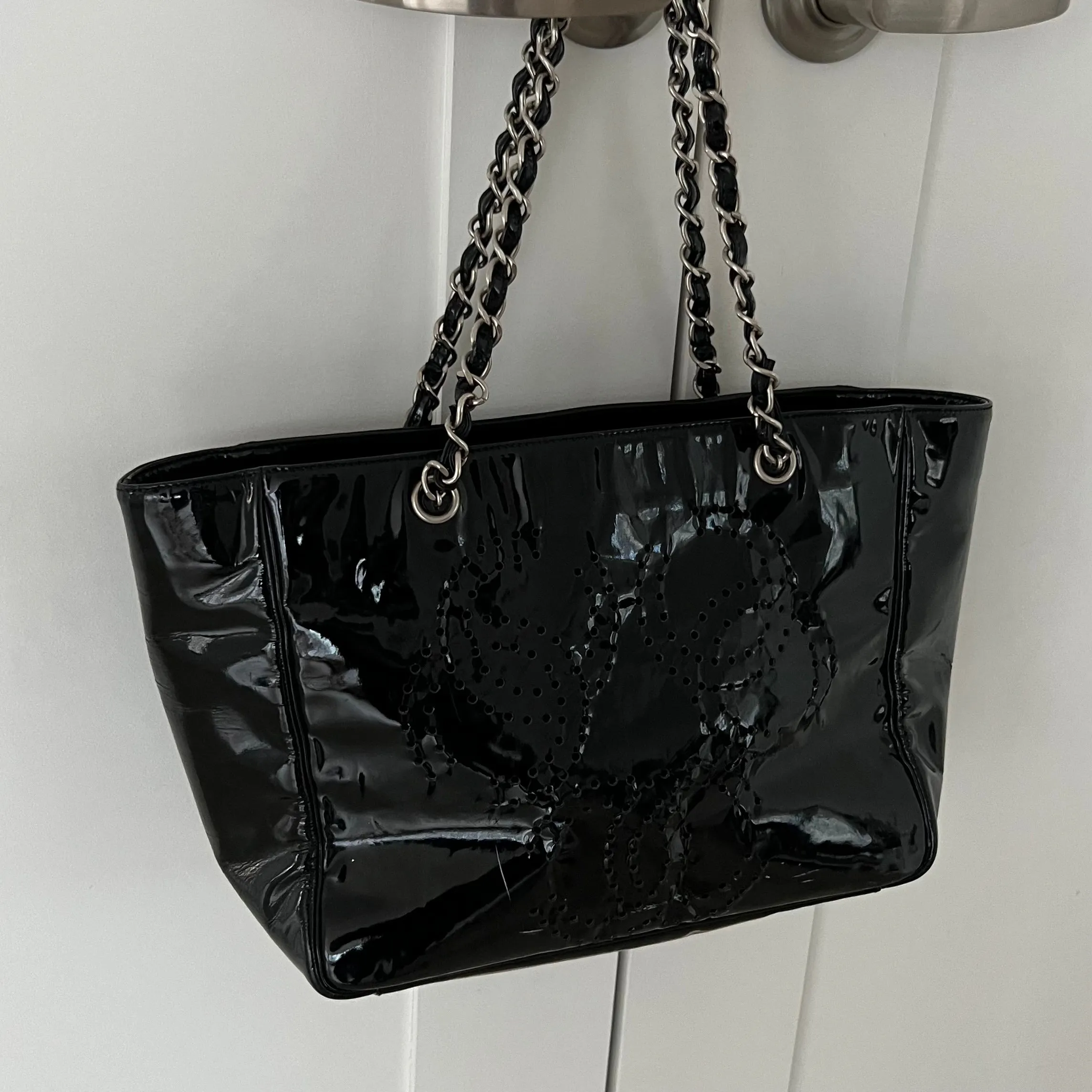 CHANEL CC Tote Bag Black Patent Leather