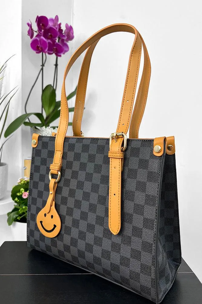 Checked Pattern Contrast Handles Tote Bag