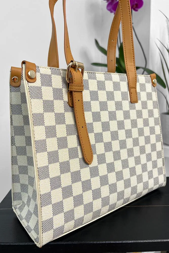 Checked Pattern Contrast Handles Tote Bag