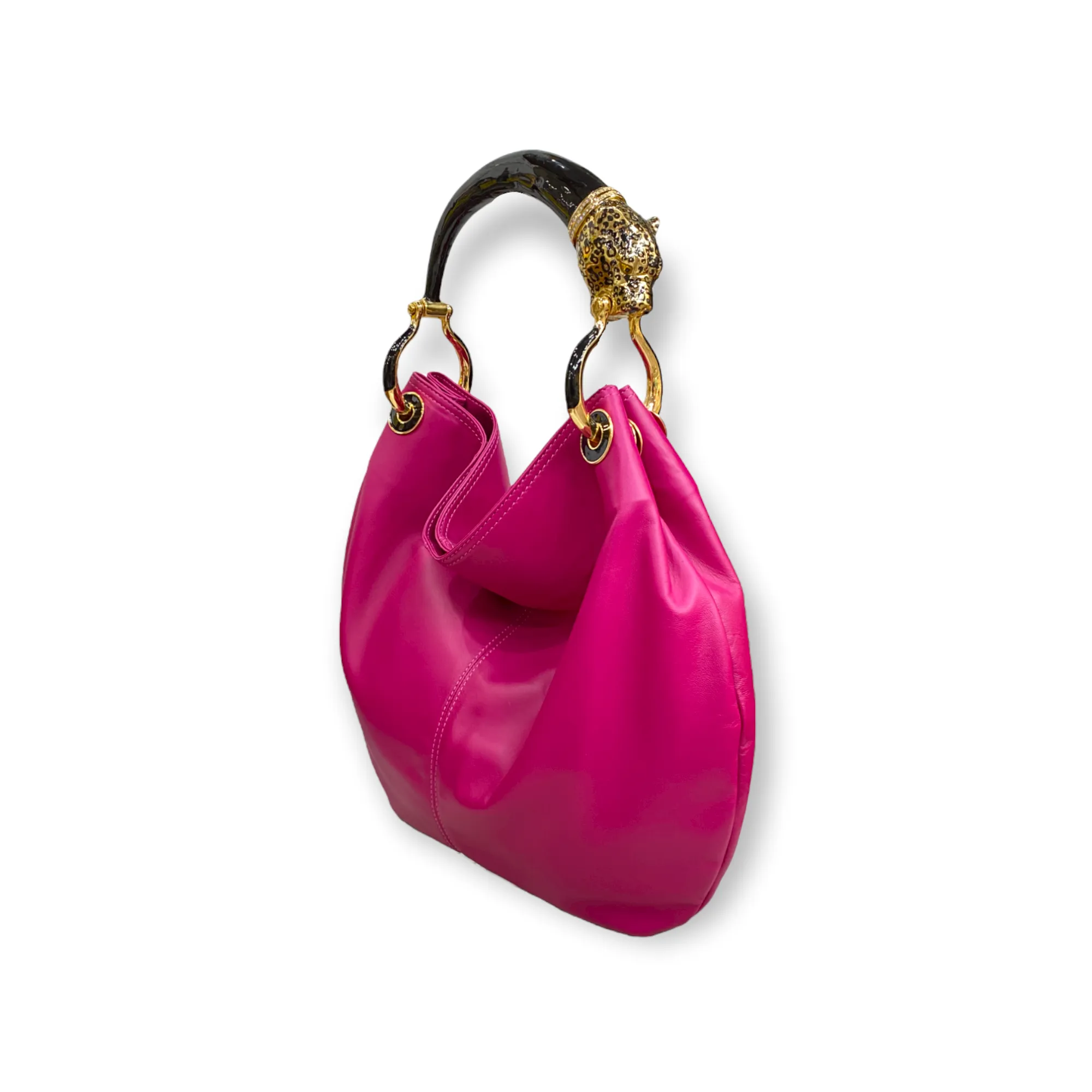 GRANDE BORSA IN MORBIDA PELLE FUCHSIA CON MANICO GIAGUARO NERO