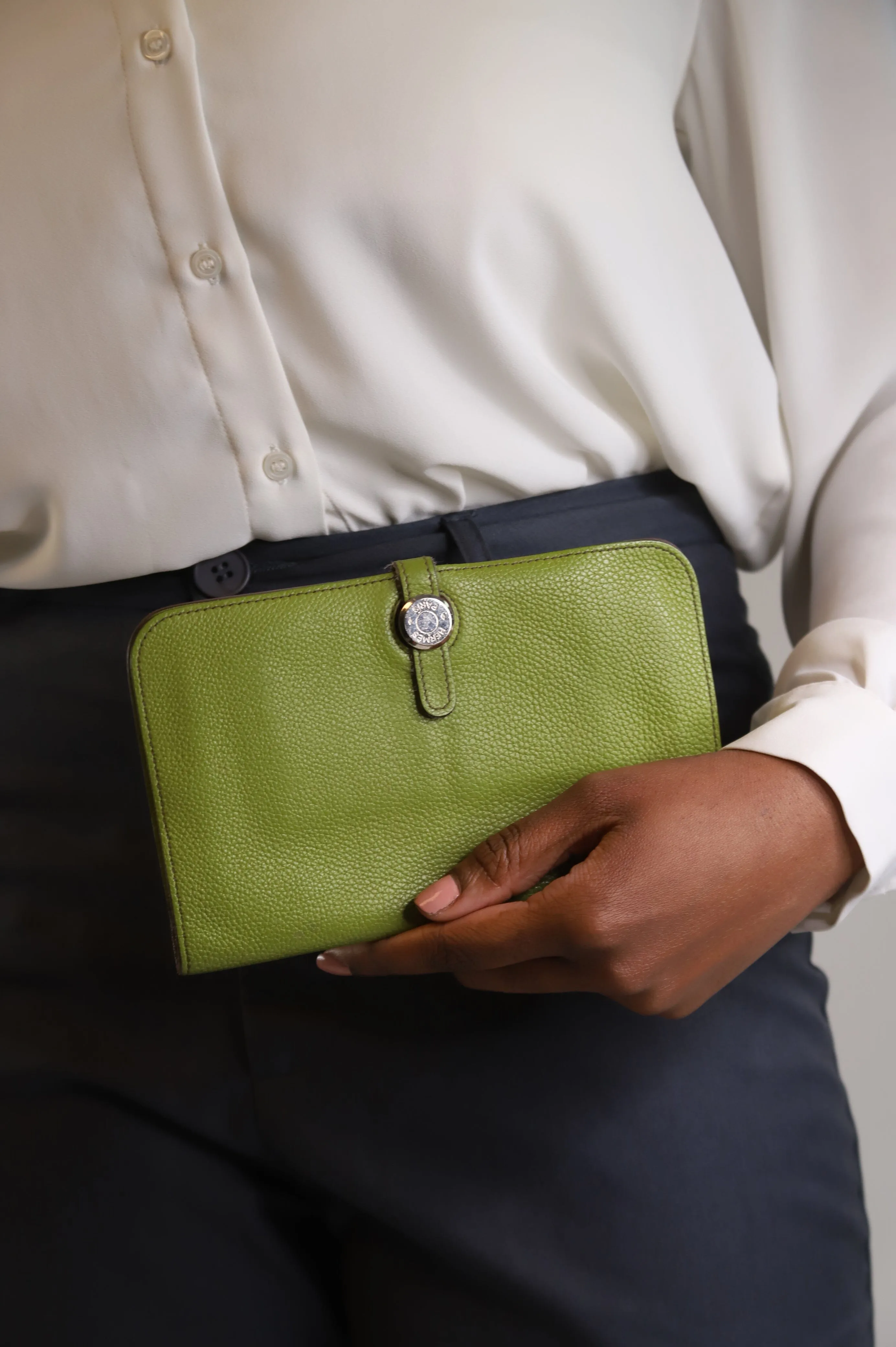 Green Clemence leather flap wallet