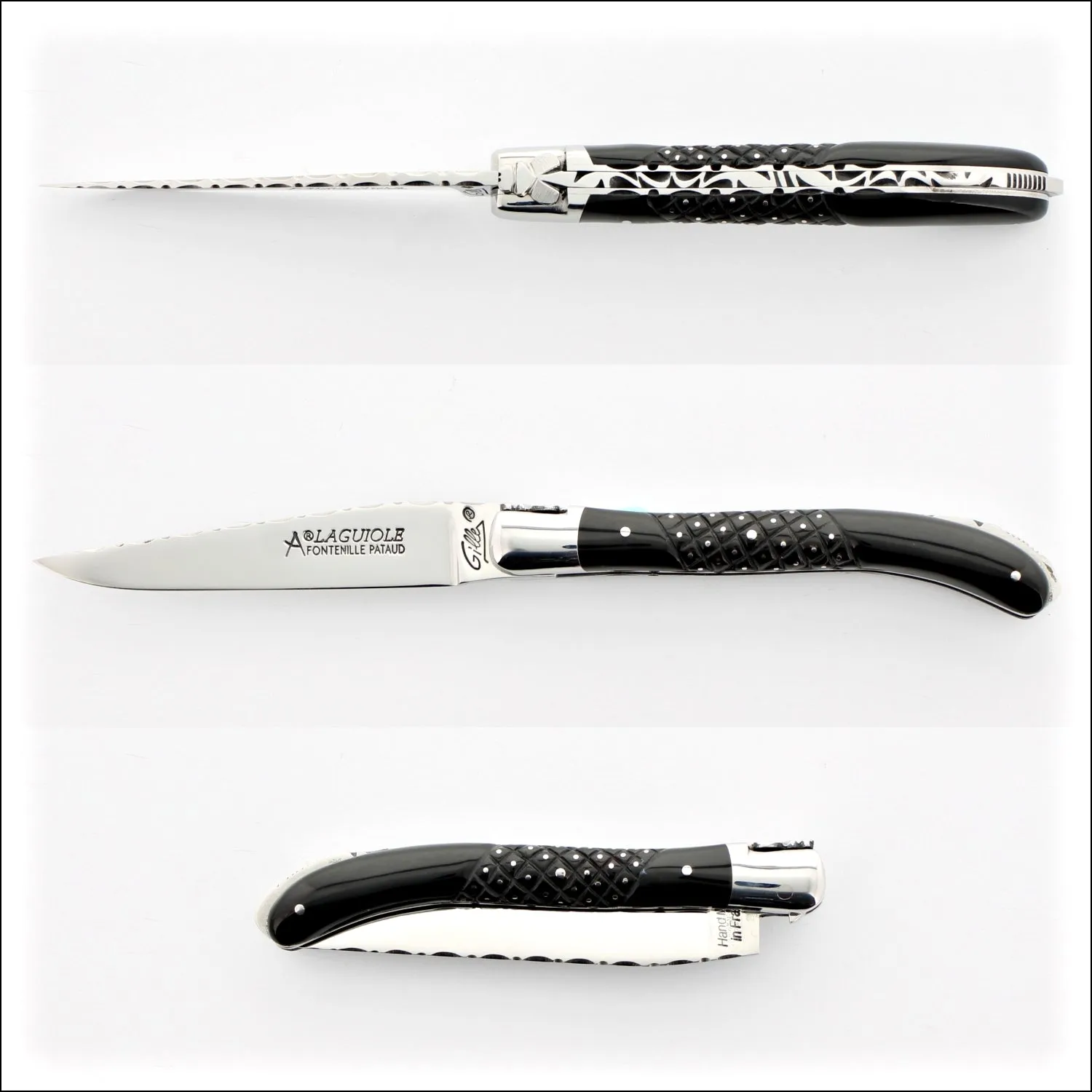 Laguiole XS 9 cm Guilloche Studded Black Horn Tip Handle