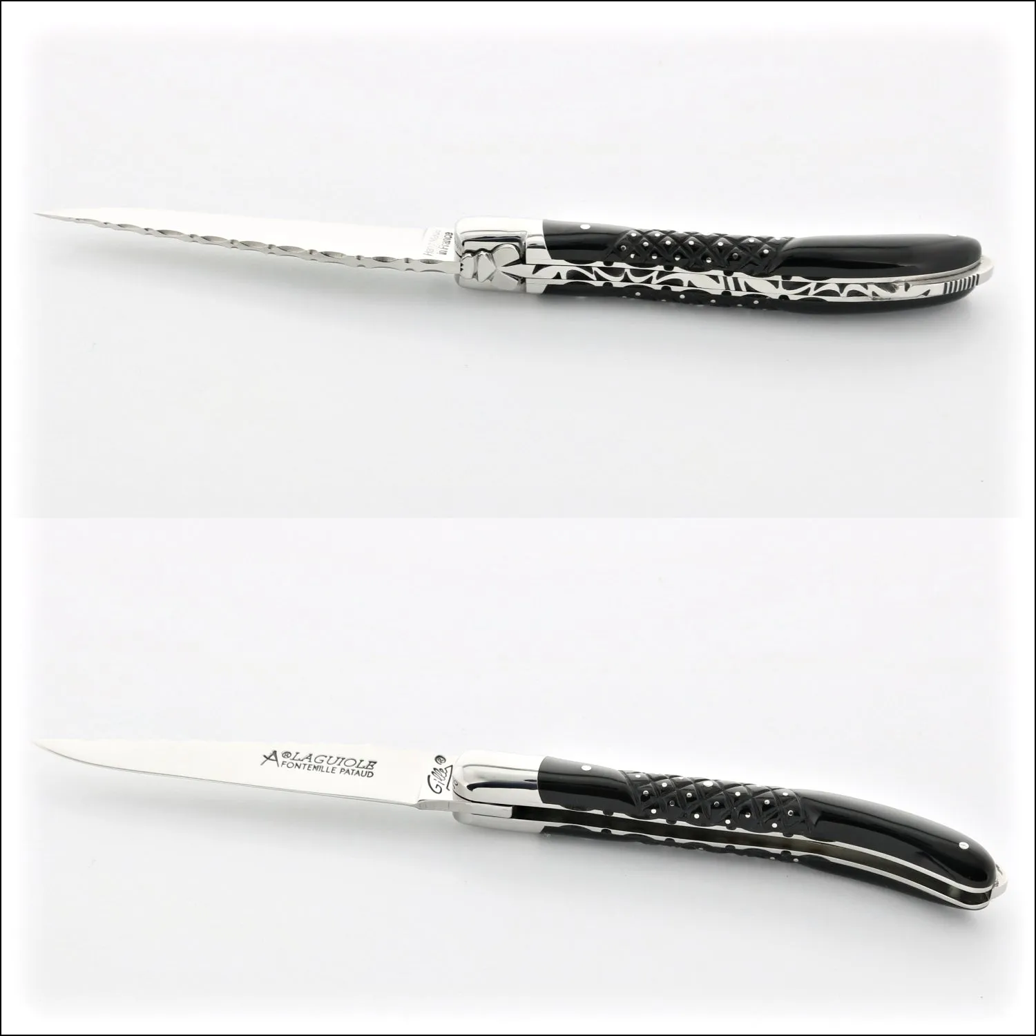 Laguiole XS 9 cm Guilloche Studded Black Horn Tip Handle