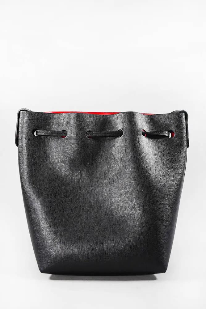 Mansur Gavriel Black Textured Leather Drawstring Bucket Bag w/ Shoulder Strap