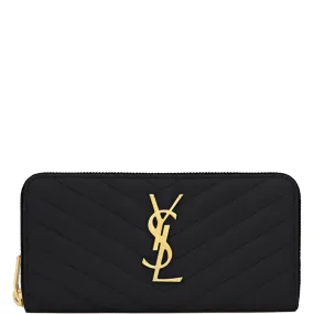 Monogram Chevron Zip Wallet, Black/Gold