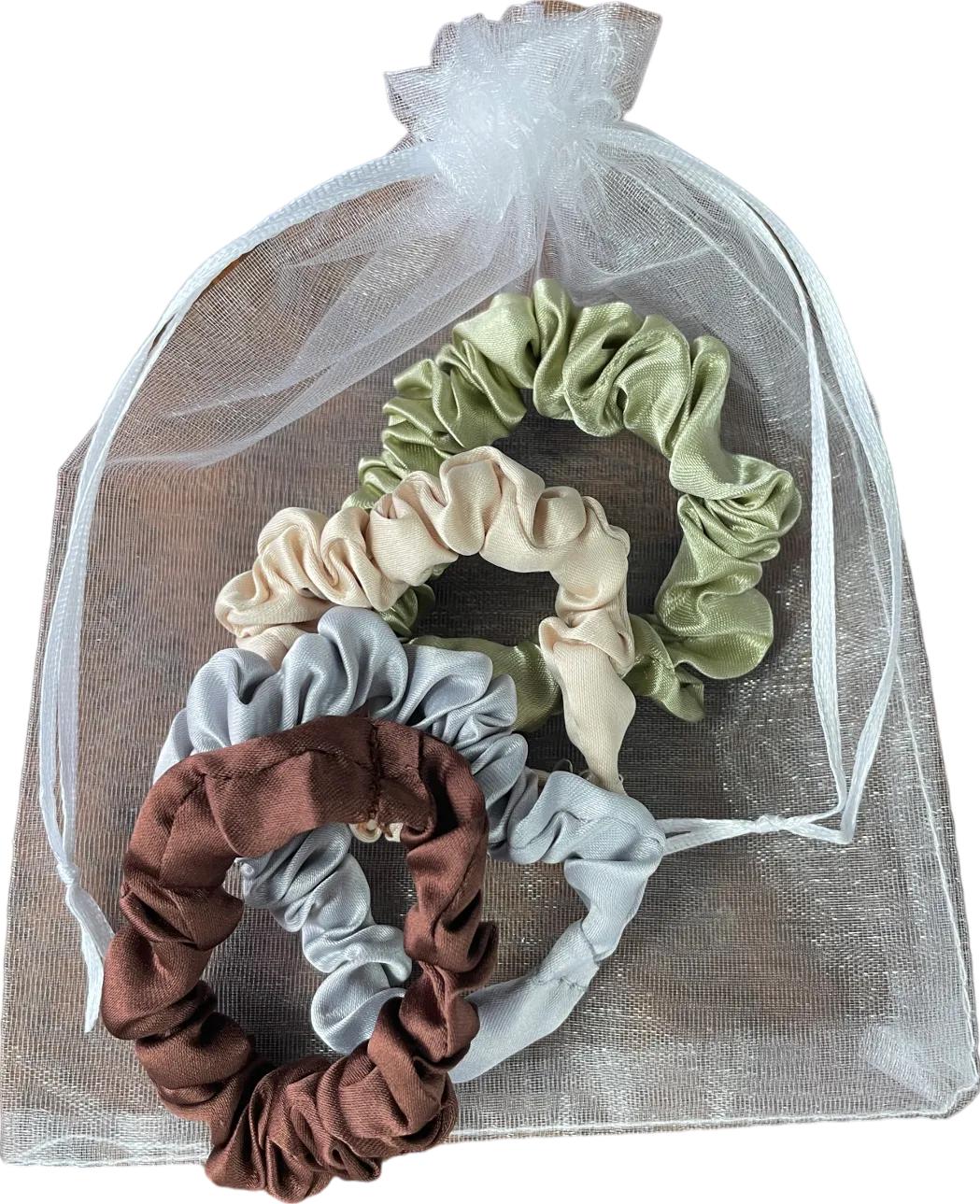 Multicoloured Set Of 4 Neutral Satin Hair Scrunchies In Tulle Gift Bag