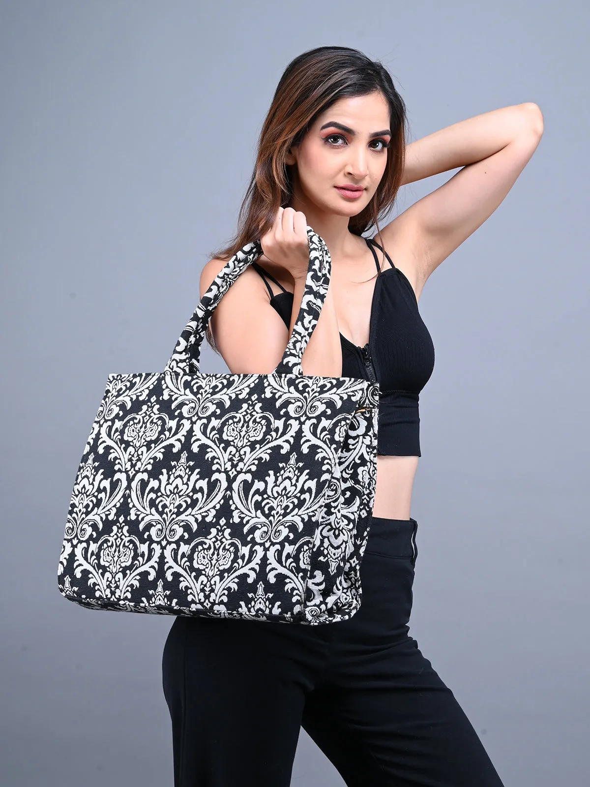 Odette Black And White Woven Tote Bag for Women