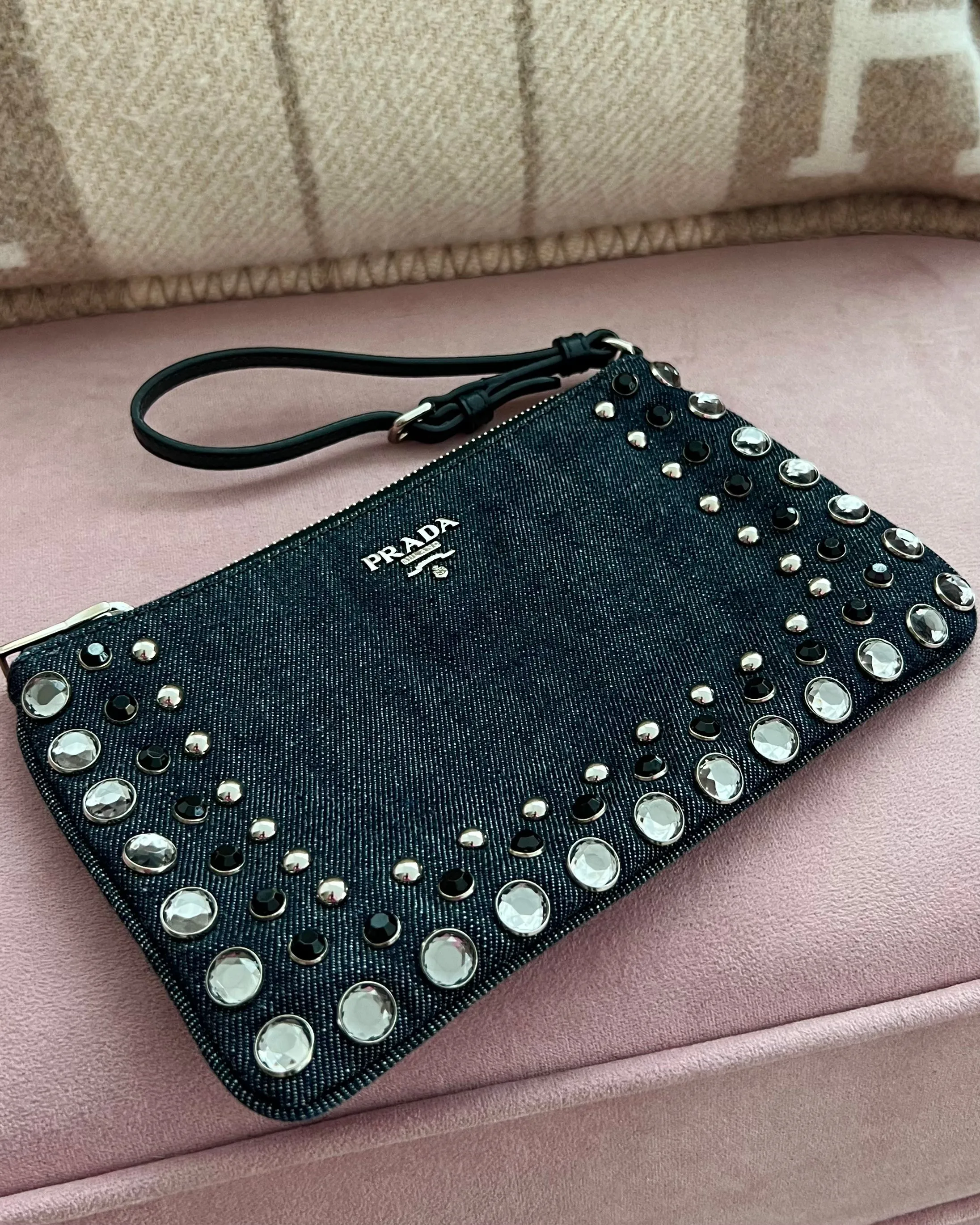 Prada Denim Borchie Wristlet Pouch