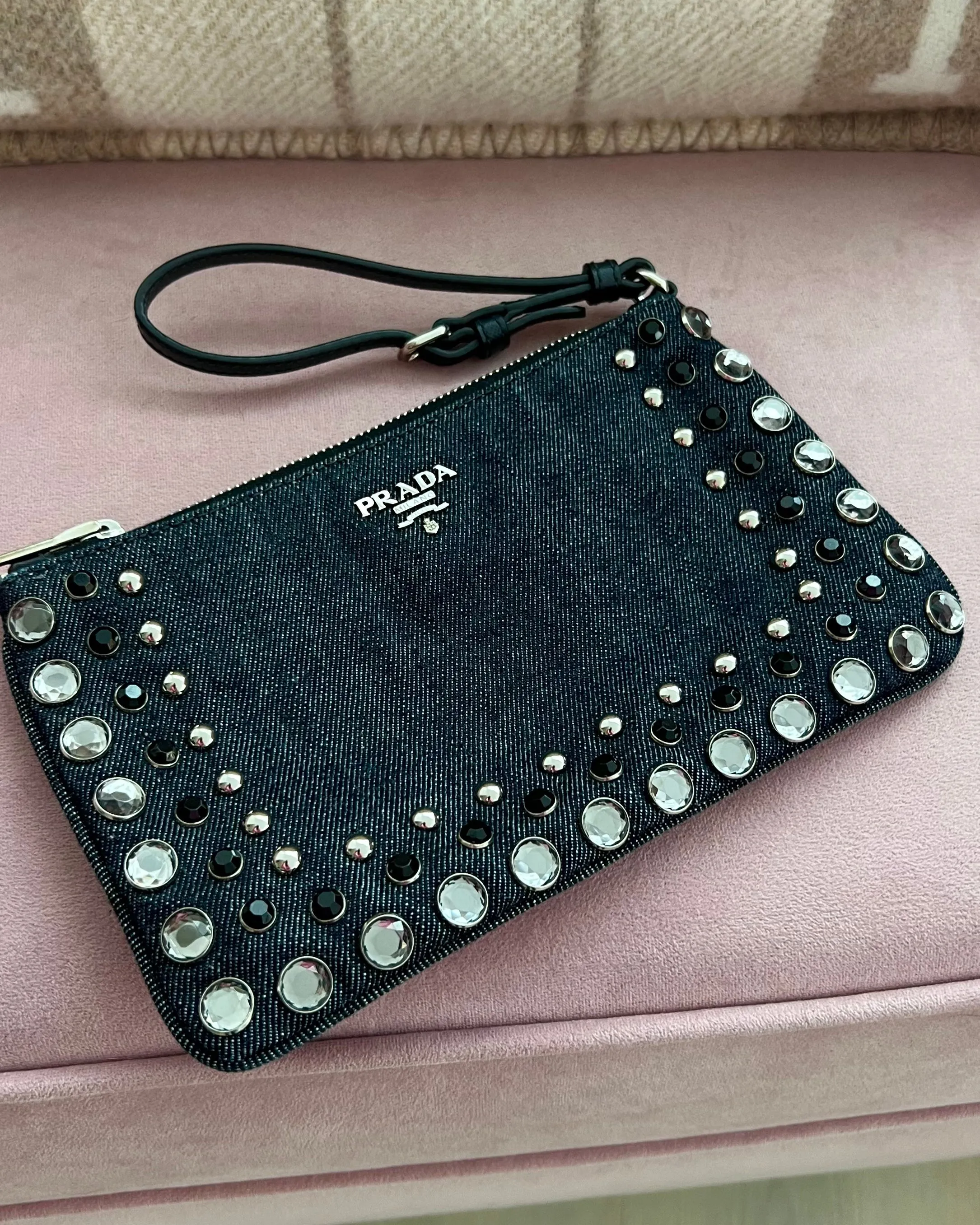 Prada Denim Borchie Wristlet Pouch