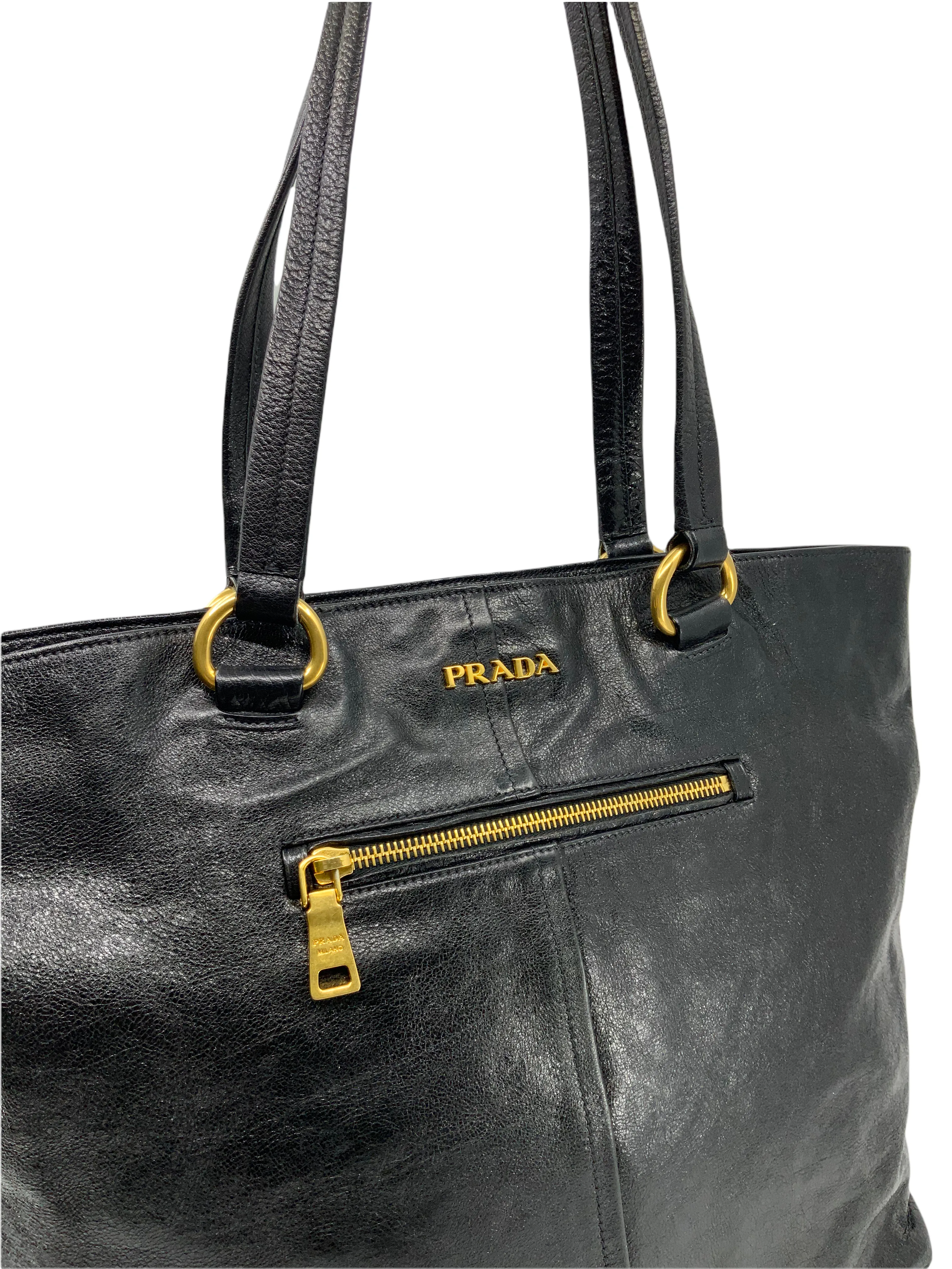 Prada Glazed Leather Front Zip Tote Bag