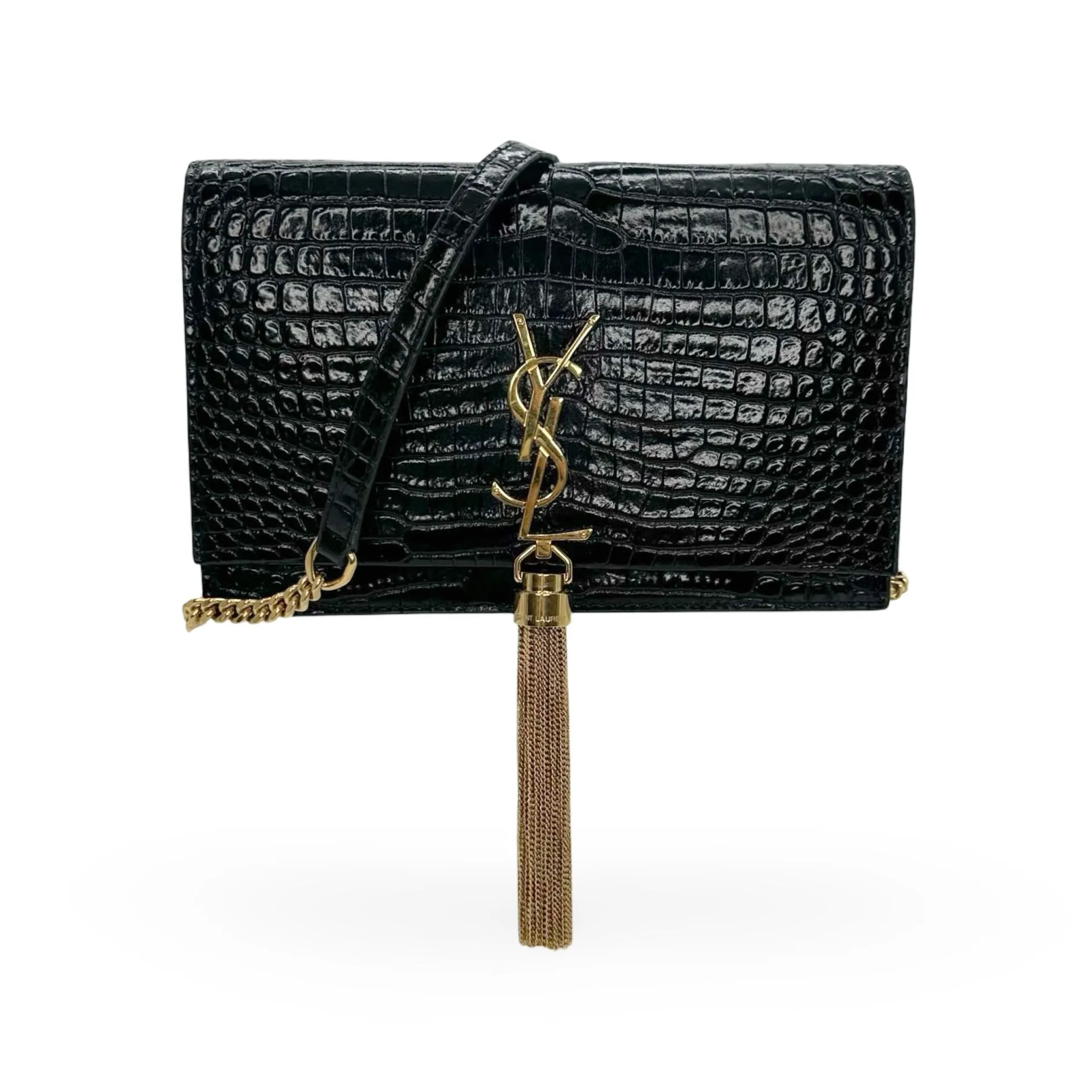 SAINT LAURENT: Croc Embossed Small Tassel Kate