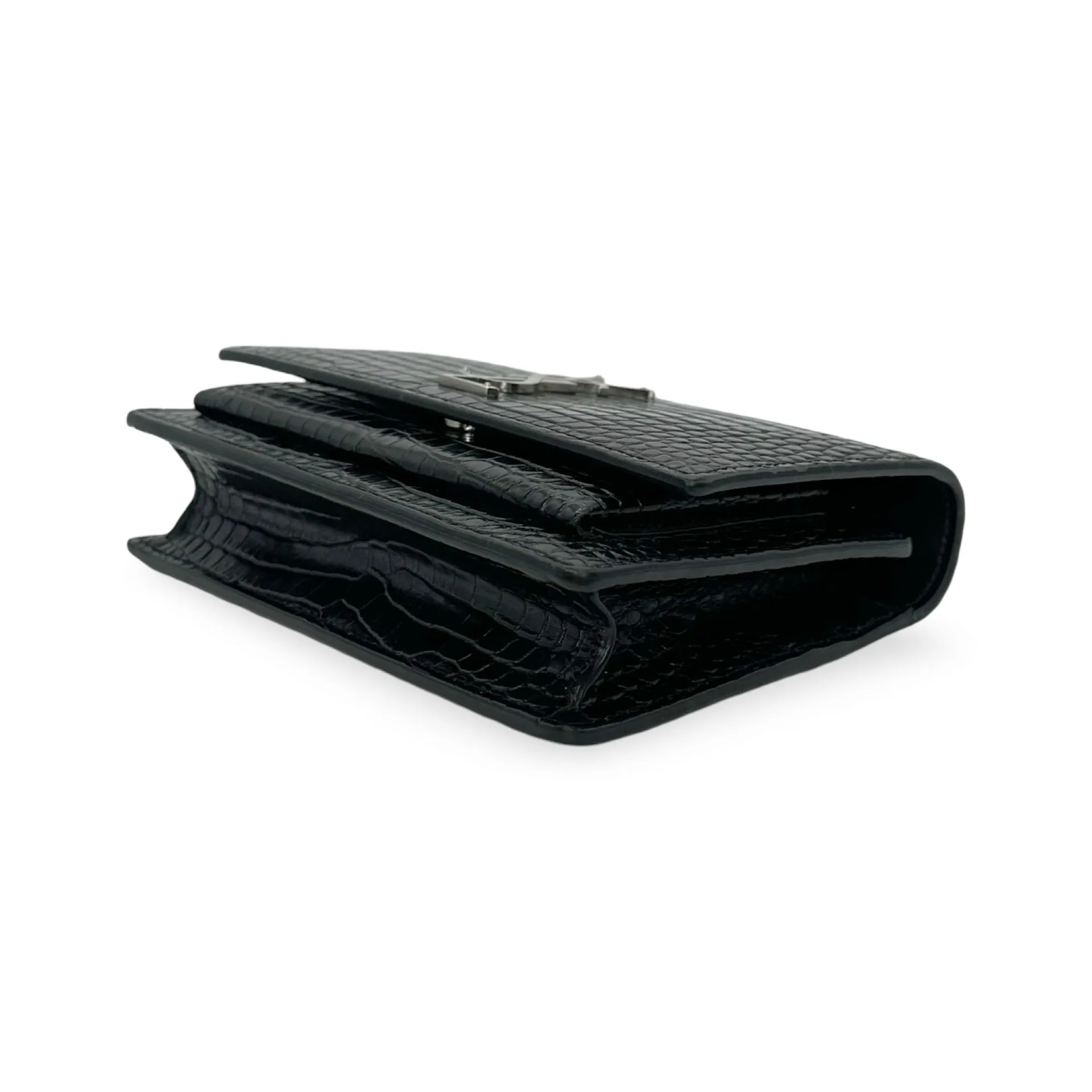 SAINT LAURENT: Croc Embossed Sunset Top Handle Chain Wallet