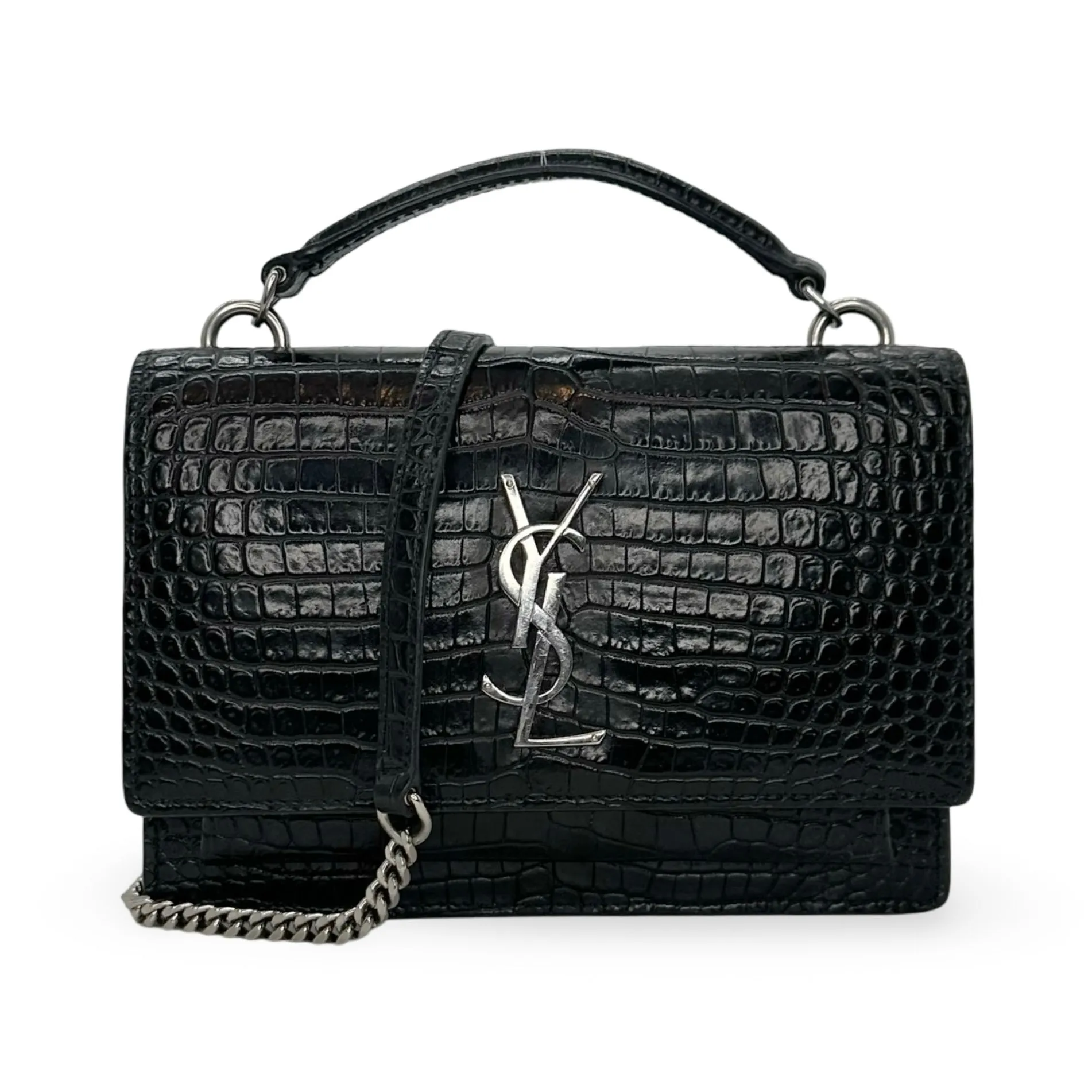 SAINT LAURENT: Croc Embossed Sunset Top Handle Chain Wallet