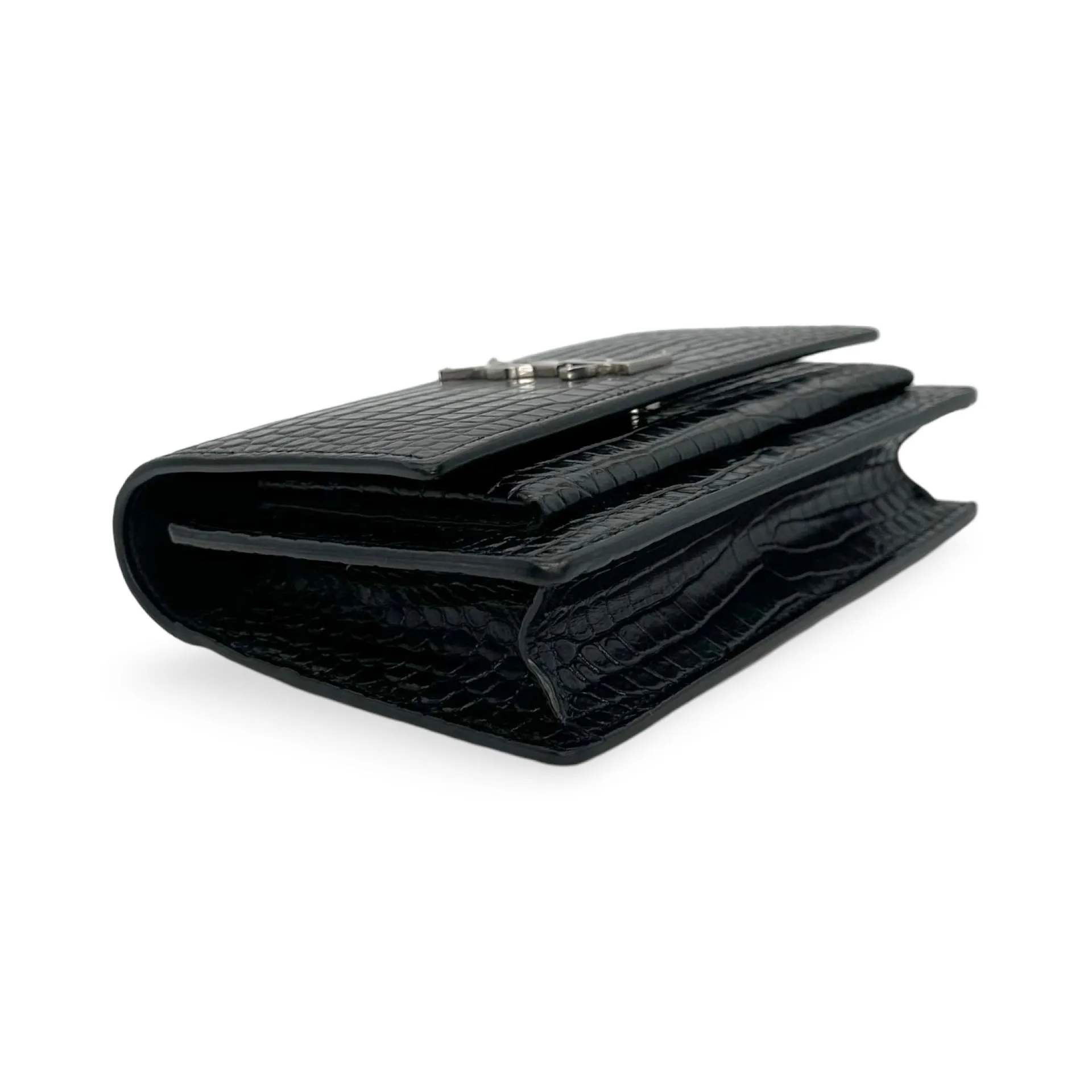 SAINT LAURENT: Croc Embossed Sunset Top Handle Chain Wallet