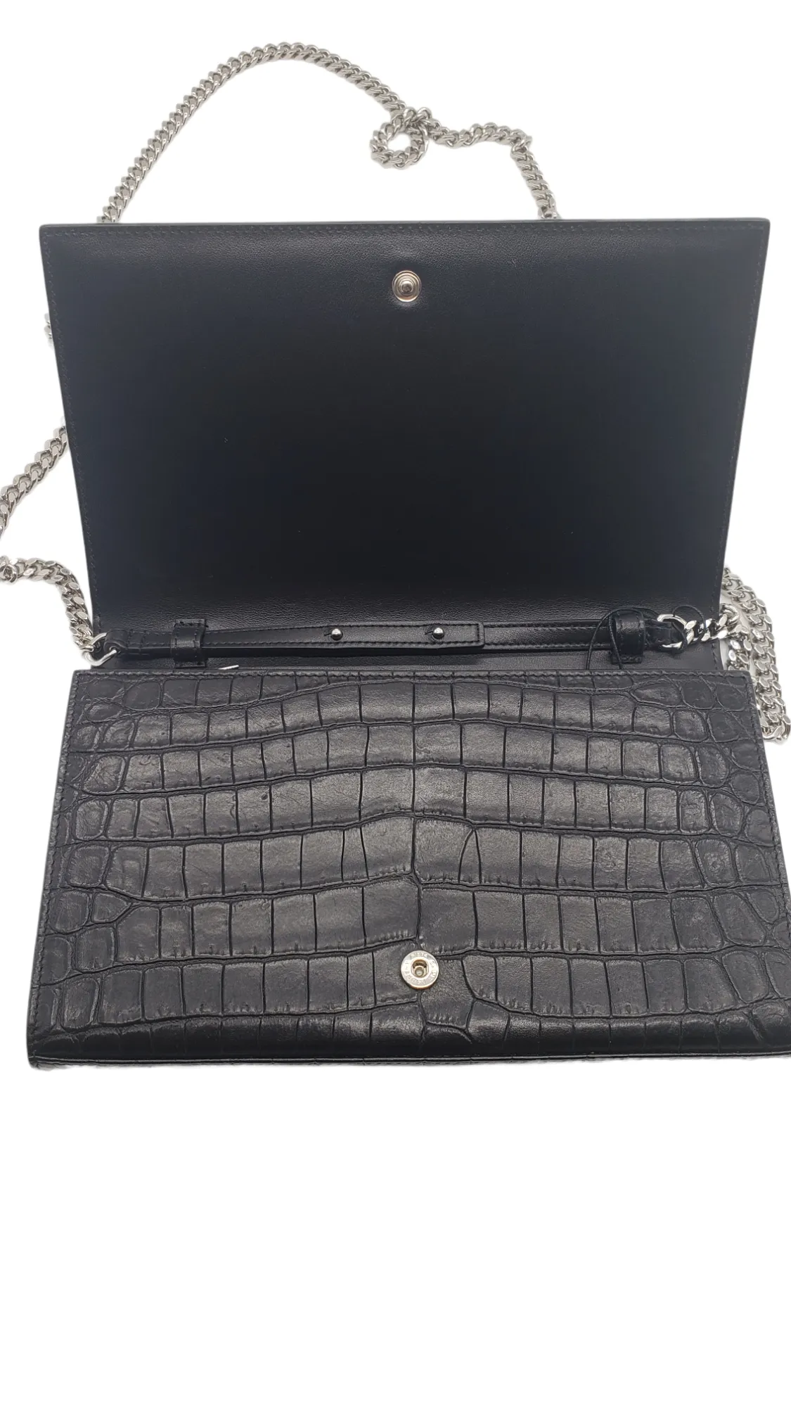 Saint Laurent YSL Black Croc Embossed Cassandre Chain Wallet