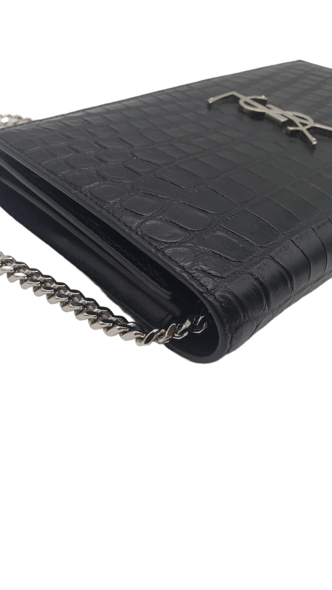 Saint Laurent YSL Black Croc Embossed Cassandre Chain Wallet