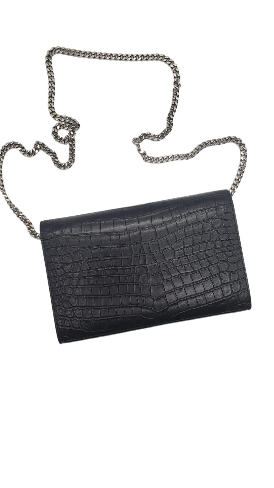 Saint Laurent YSL Black Croc Embossed Cassandre Chain Wallet