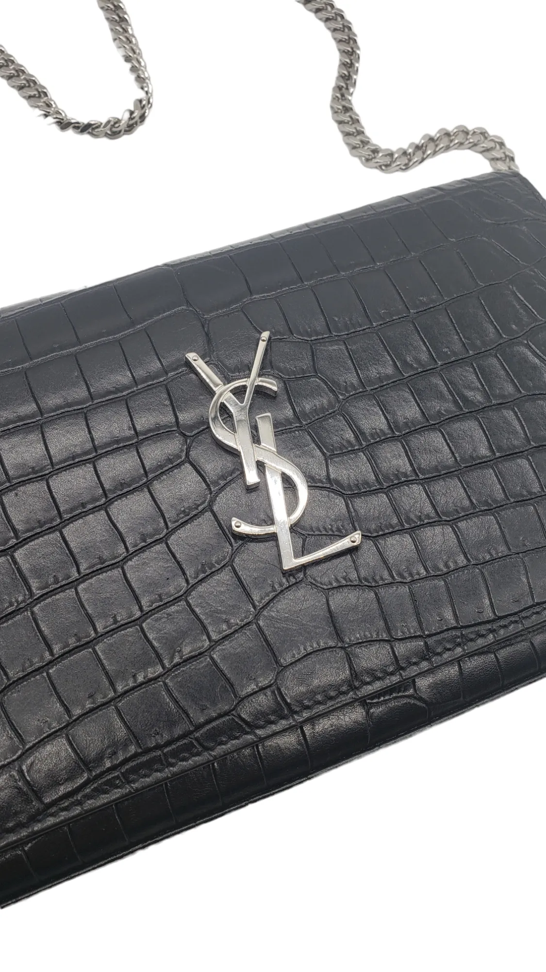 Saint Laurent YSL Black Croc Embossed Cassandre Chain Wallet