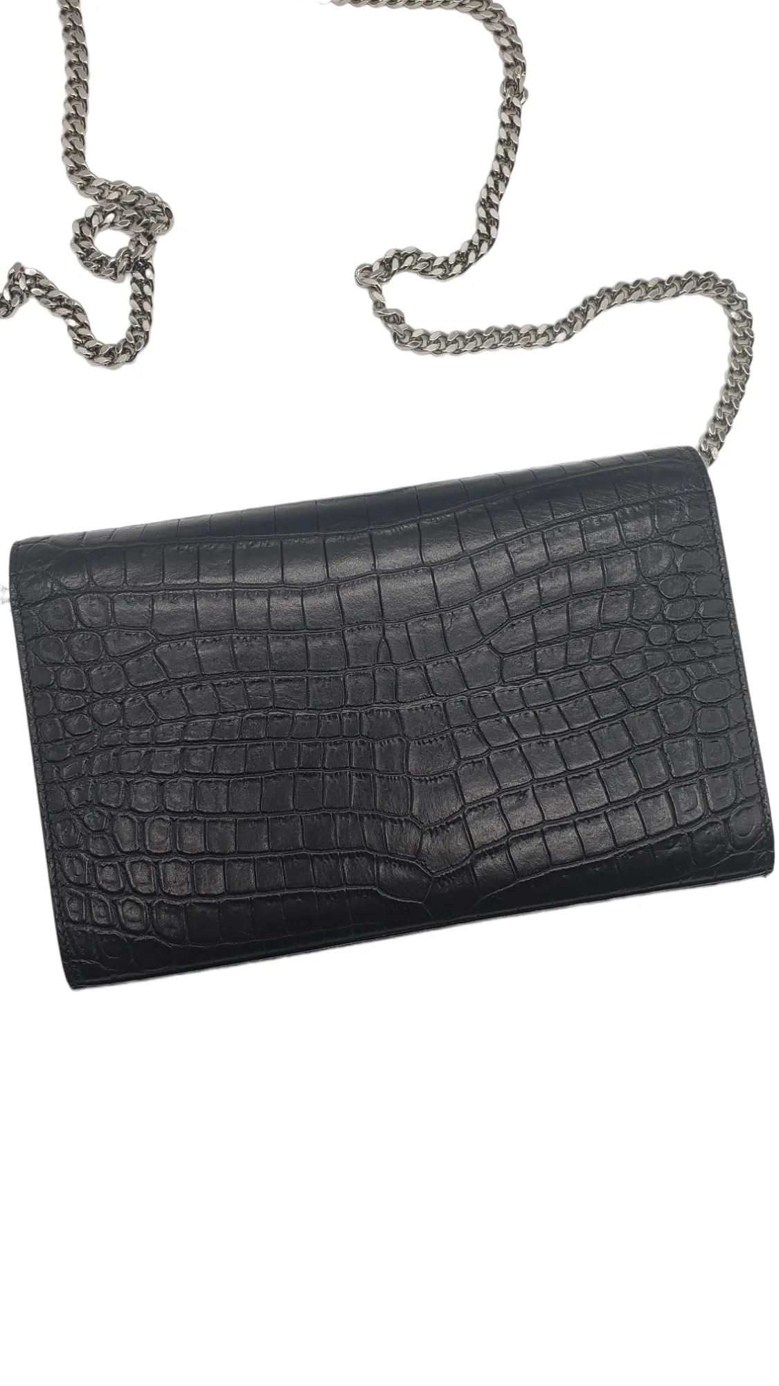 Saint Laurent YSL Black Croc Embossed Cassandre Chain Wallet