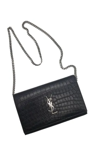 Saint Laurent YSL Black Croc Embossed Cassandre Chain Wallet