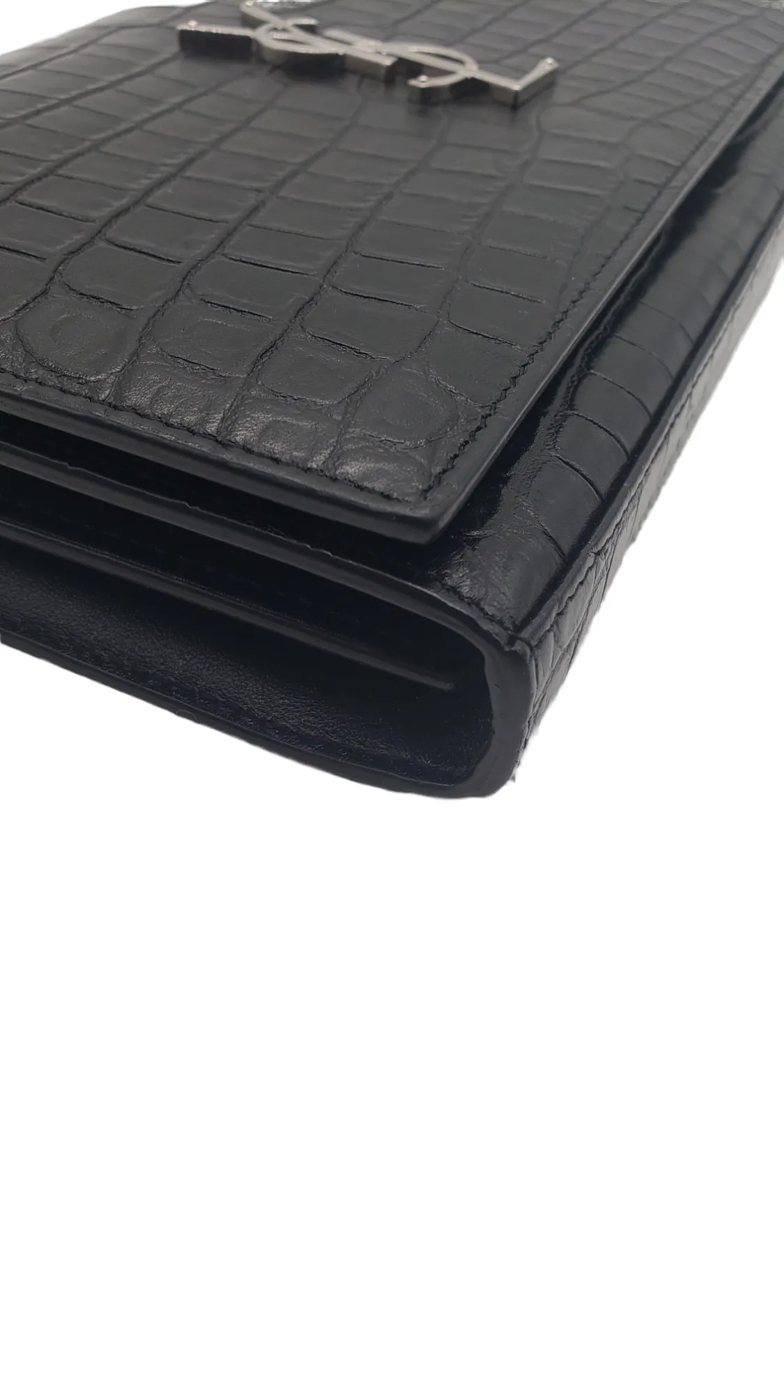 Saint Laurent YSL Black Croc Embossed Cassandre Chain Wallet