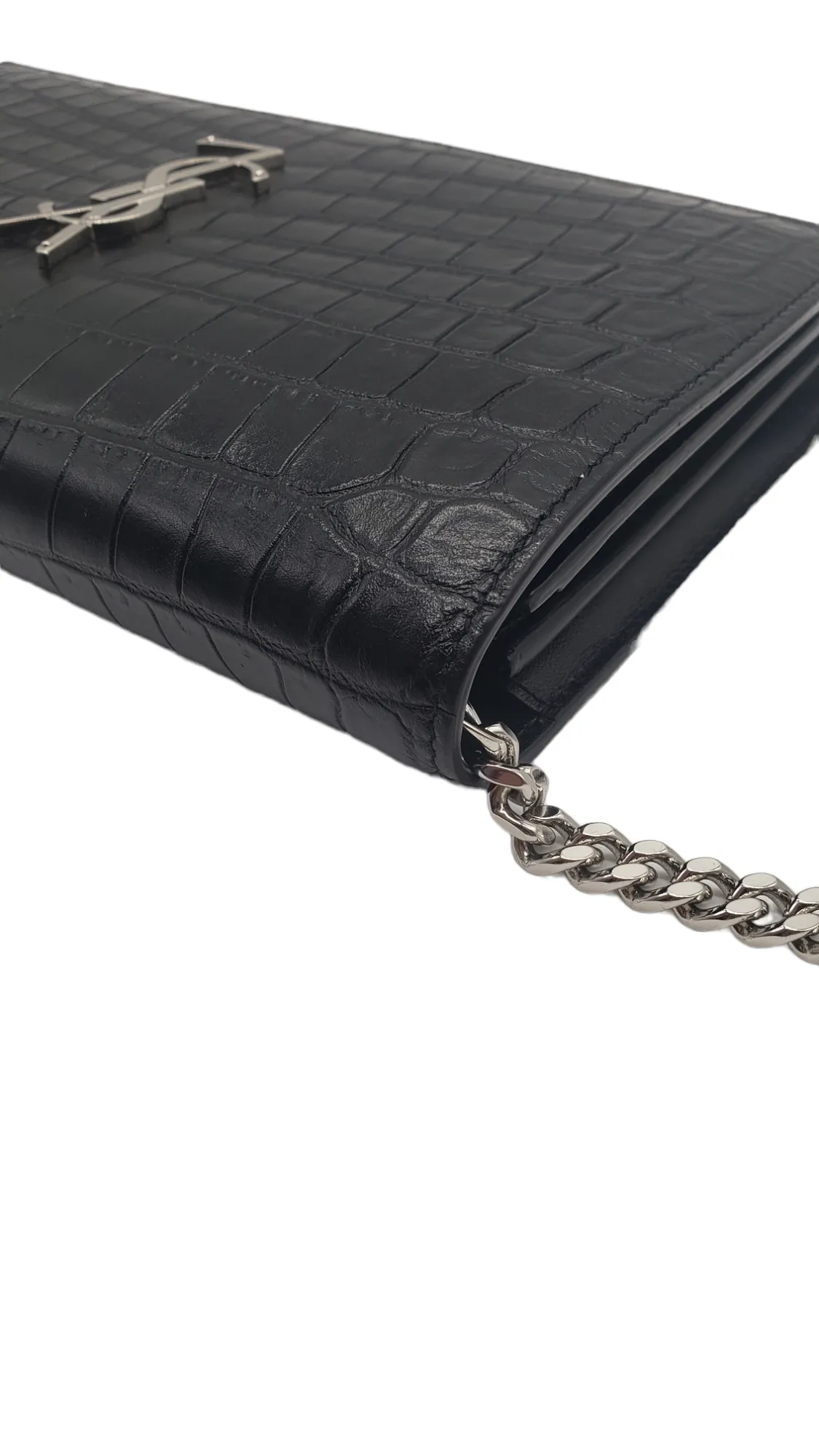 Saint Laurent YSL Black Croc Embossed Cassandre Chain Wallet