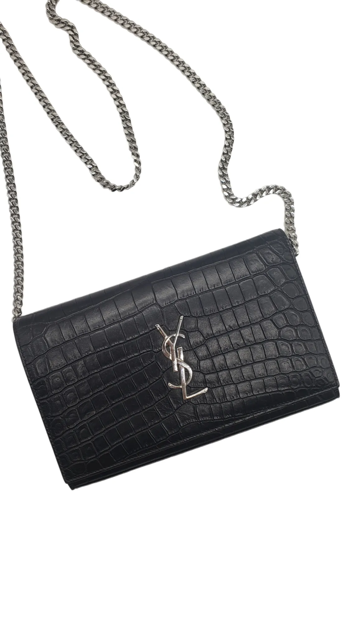 Saint Laurent YSL Black Croc Embossed Cassandre Chain Wallet