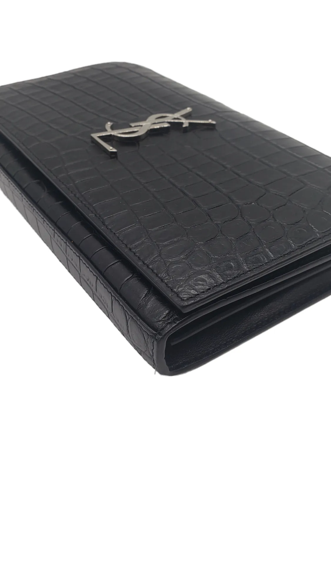 Saint Laurent YSL Black Croc Embossed Cassandre Chain Wallet