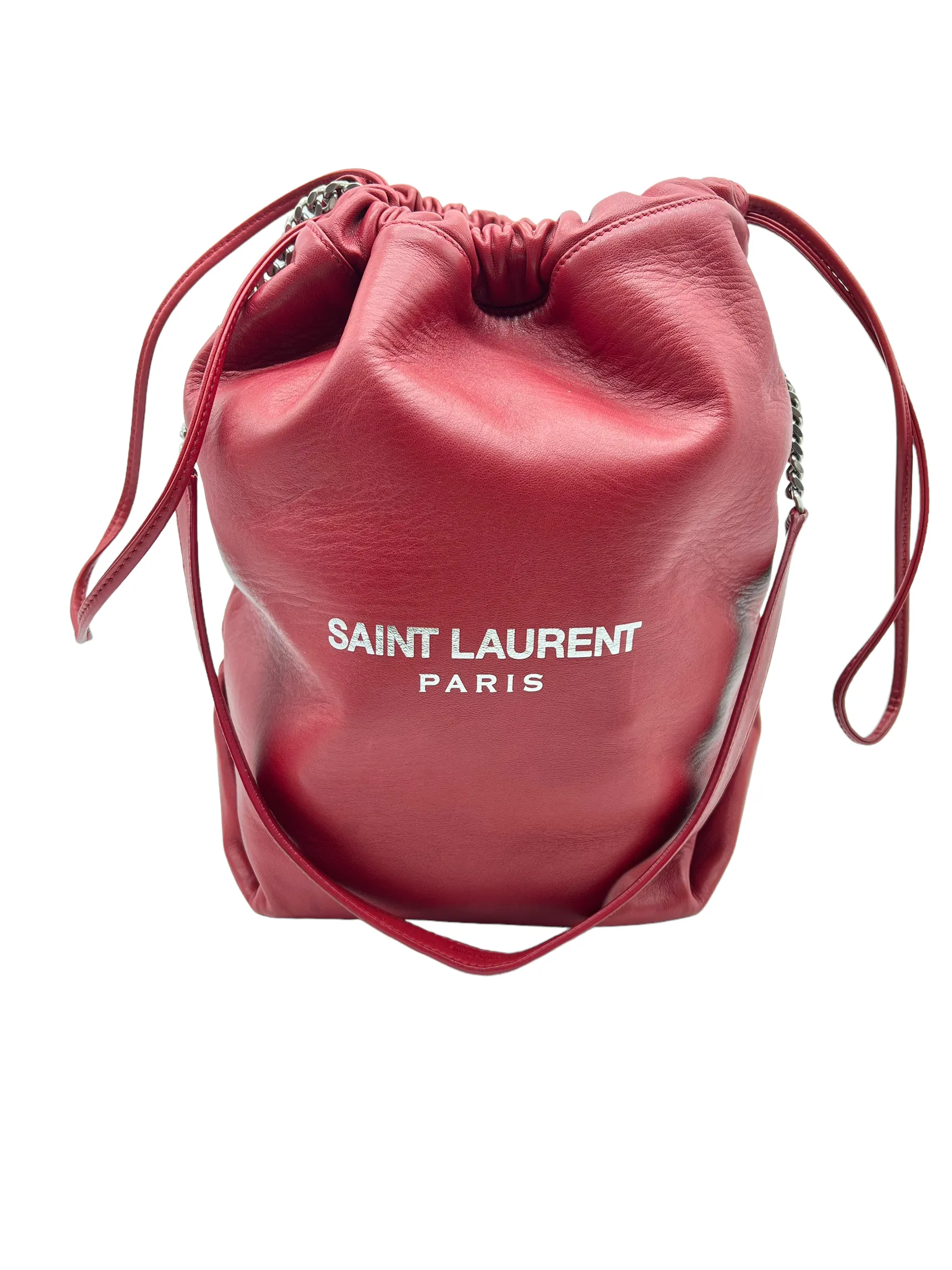 Saint Laurent YSL Red Leather Large Teddy Drawstring Bucket Bag