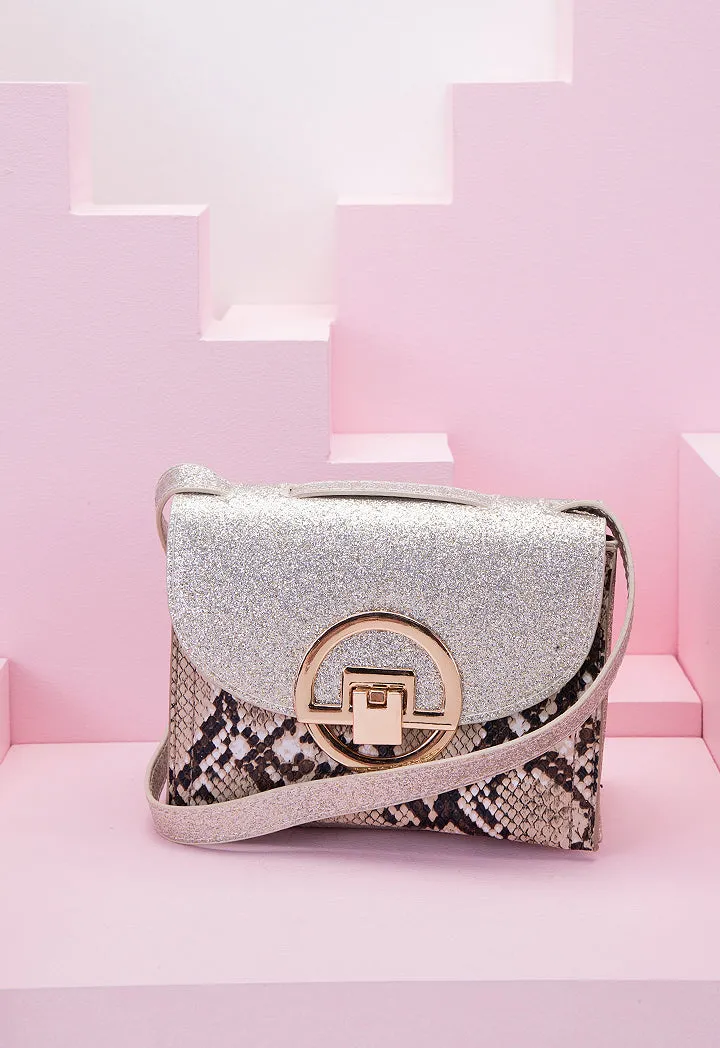 Snake Print Glitter Flap Crossbody Bag