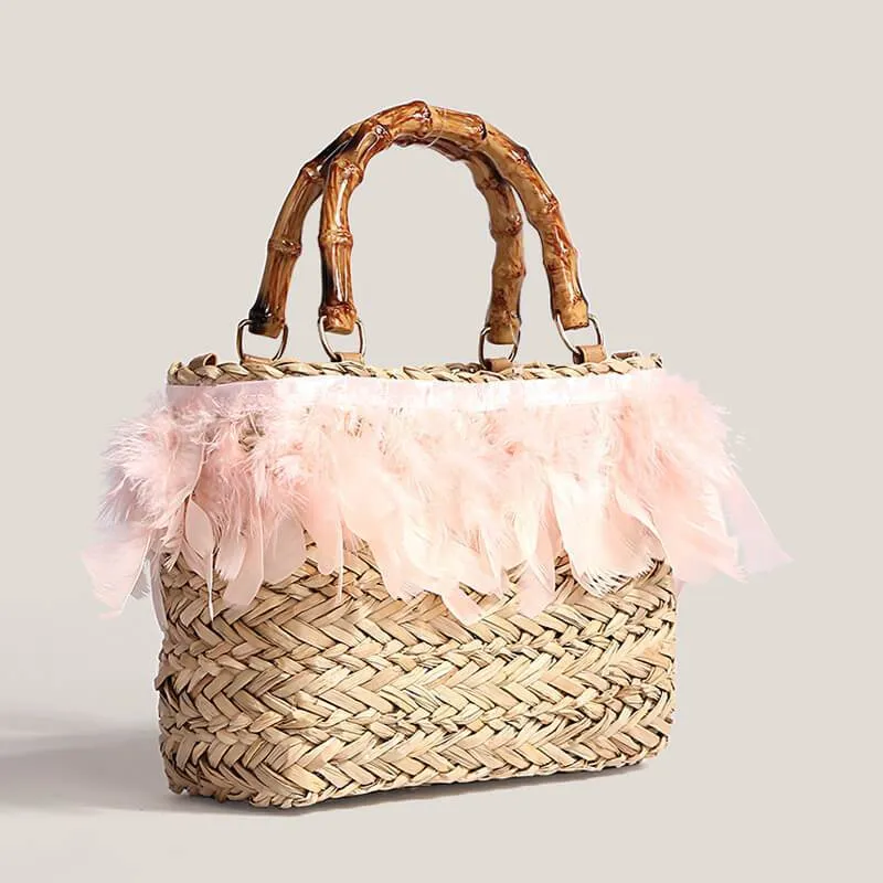 Women's Straw Bag Fashion Faux Feather Rattan Handbag